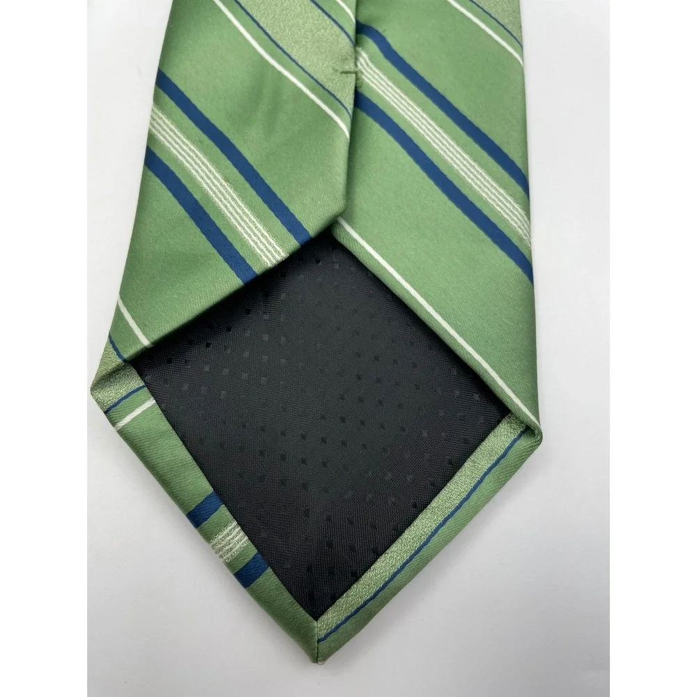 Haggar Mens Necktie Sage Green Navy Blue White Striped Polyester Classic Tie